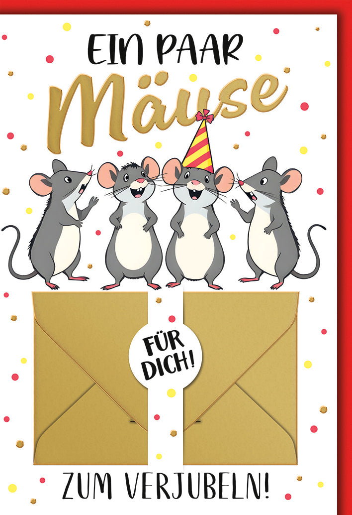 Geburtstagskarte mit Geldkuvert: Vier lustige Mäuse mit Partyhut und Konfetti