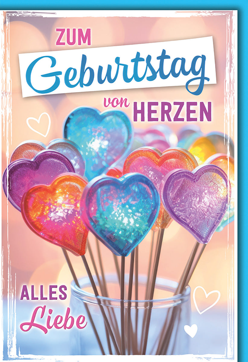 Geburtstagskarte mit Herz-Lollis: Bunte, glitzernde Motive in Blau und Pink für liebevolle Grüße