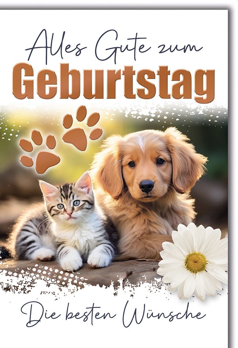 Geburtstagskarte mit Hund und Katze – Niedliches Tiermotiv, verspielte Pfotenabdrücke, für Tierliebhaber