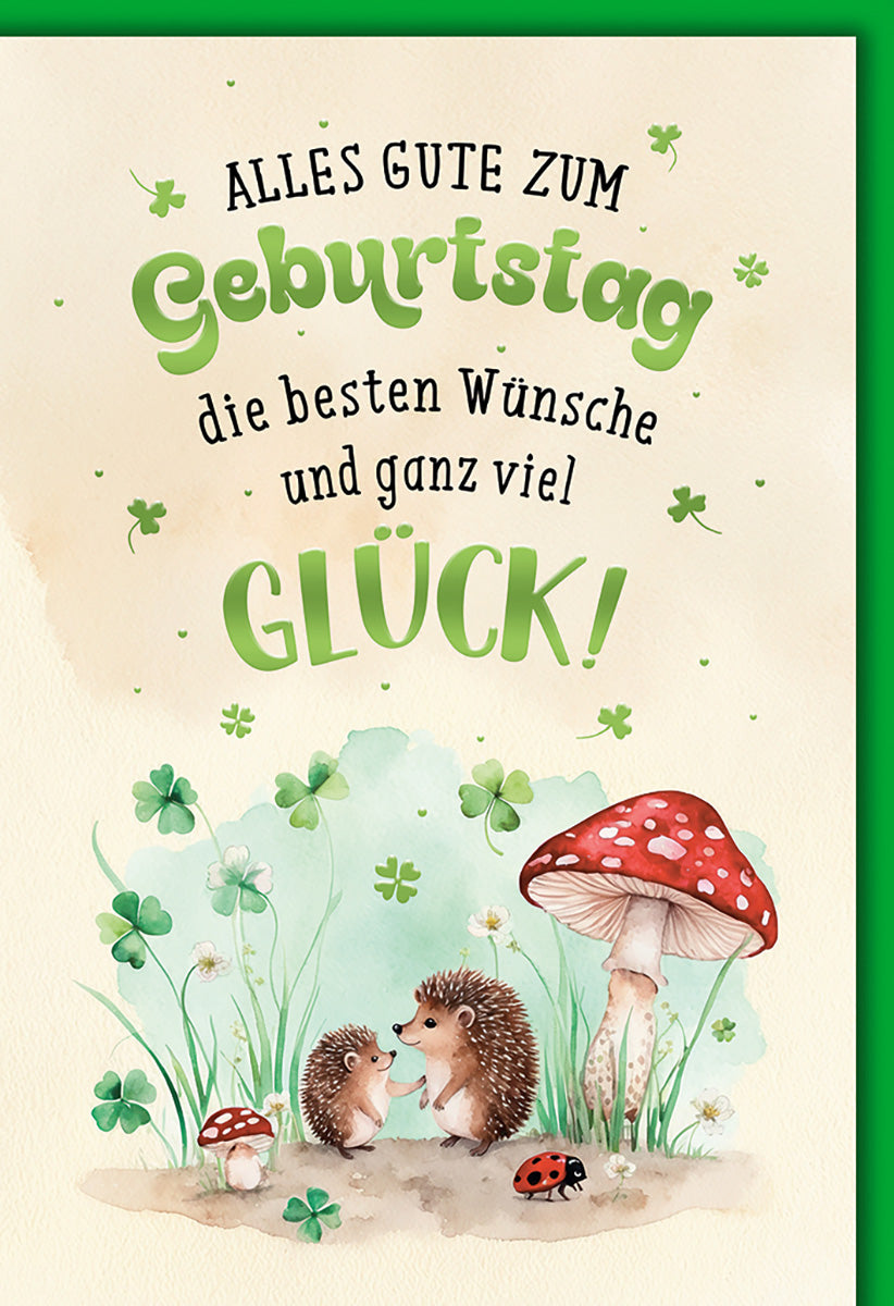 Geburtstagskarte mit Igeln und Pilzen – Verspieltes Aquarell-Design für Tierliebhaber, Glückwünsche