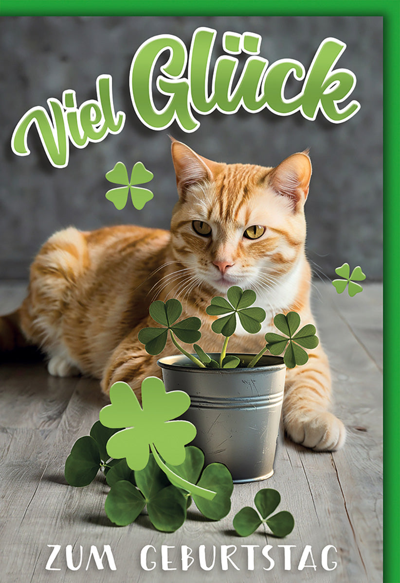 Geburtstagskarte mit Katze und Kleeblättern – Glückwünsche im fröhlichen Tierdesign für Katzenliebhaber