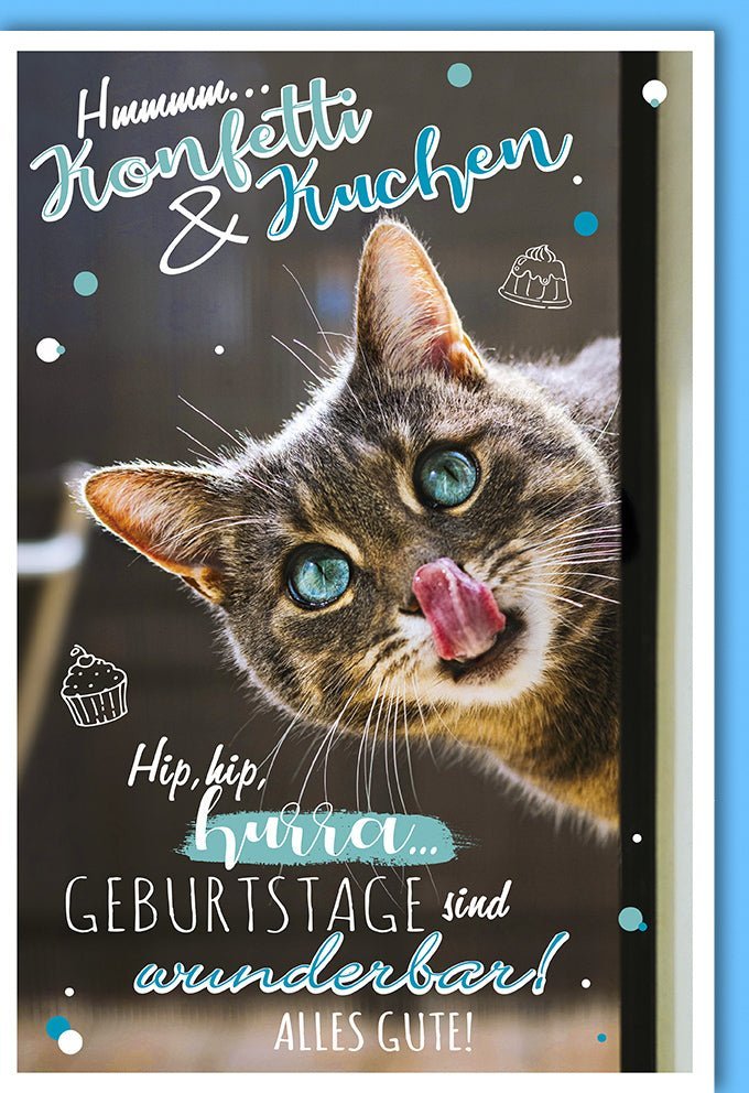Geburtstagskarte: Humorvolles Katzenmotiv mit Konfetti & Kuchen, "Hip Hip Hurra" Glückwunschkarte inklusive farblich passendem Kuvert