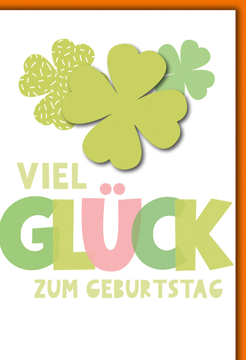 Geburtstagskarte mit Kleeblatt-Motiv: Bunte Glückwünsche in Grün und Rosa für einen fröhlichen Geburtstag