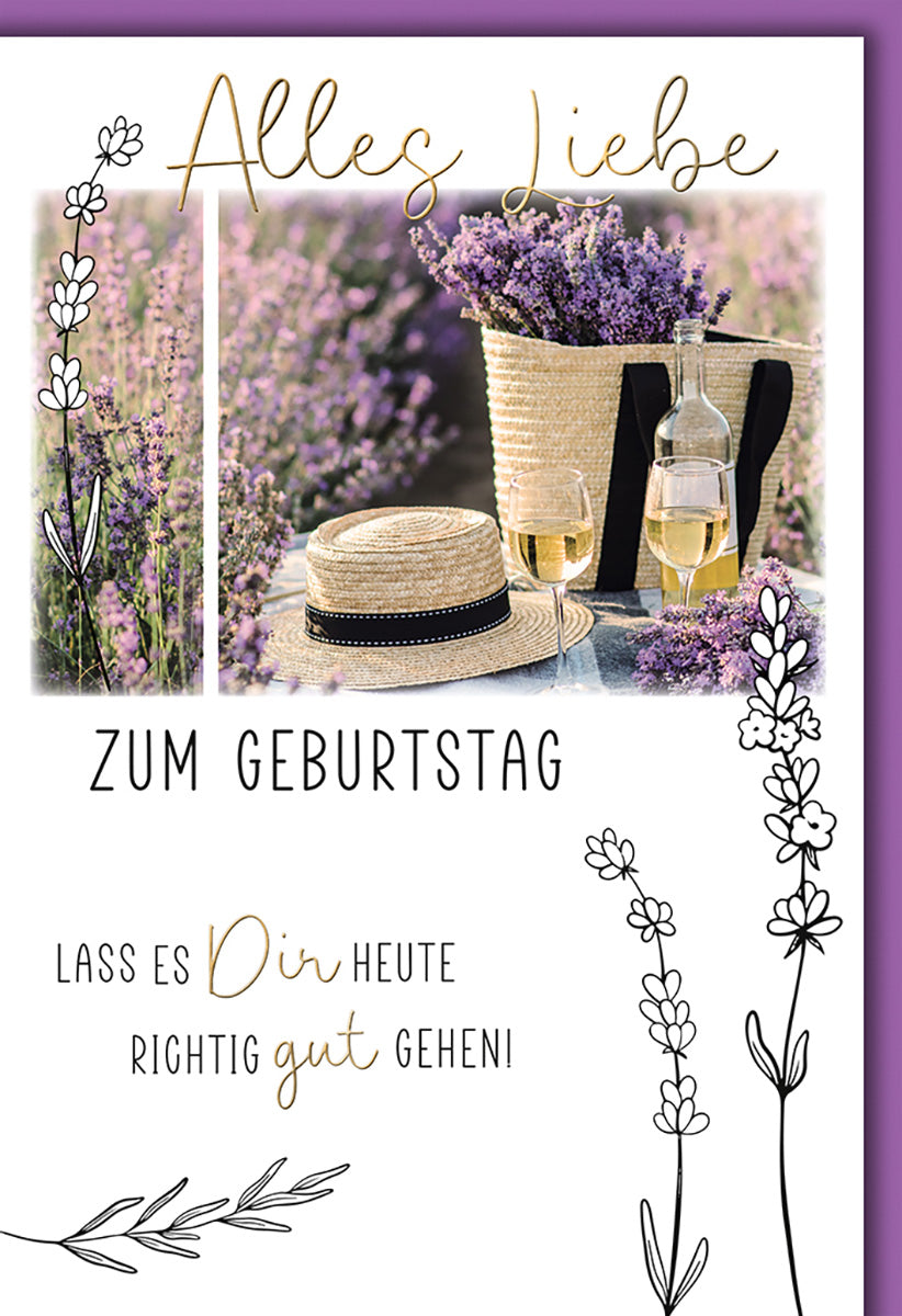 Geburtstagskarte mit Lavendelmotiv – Romantische Blumenillustration und lila Akzente für Sie