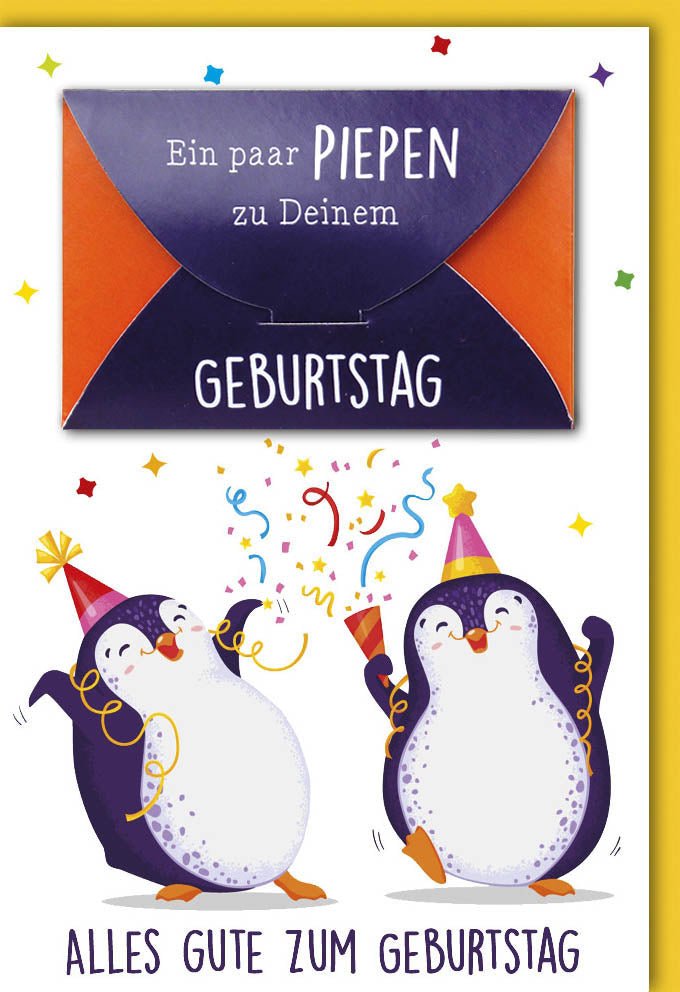 Geburtstagskarte mit farblich passendem Kuvert: Lustige Pinguine & Konfetti – Humorvolle Glückwünsche für Jung & Alt