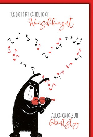 Geburtstagskarte mit niedlichem Bären und Geige, Musiknoten-Herz, humorvoller Stil, für Musikliebhaber