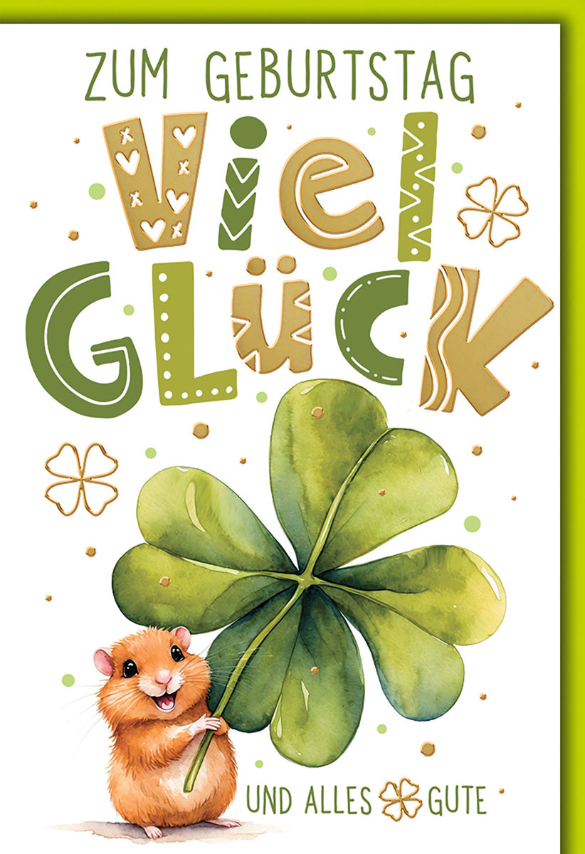 Geburtstagskarte mit niedlichem Hamster & Kleeblatt – Glückwünsche in Grün und Gold für Tierliebhaber