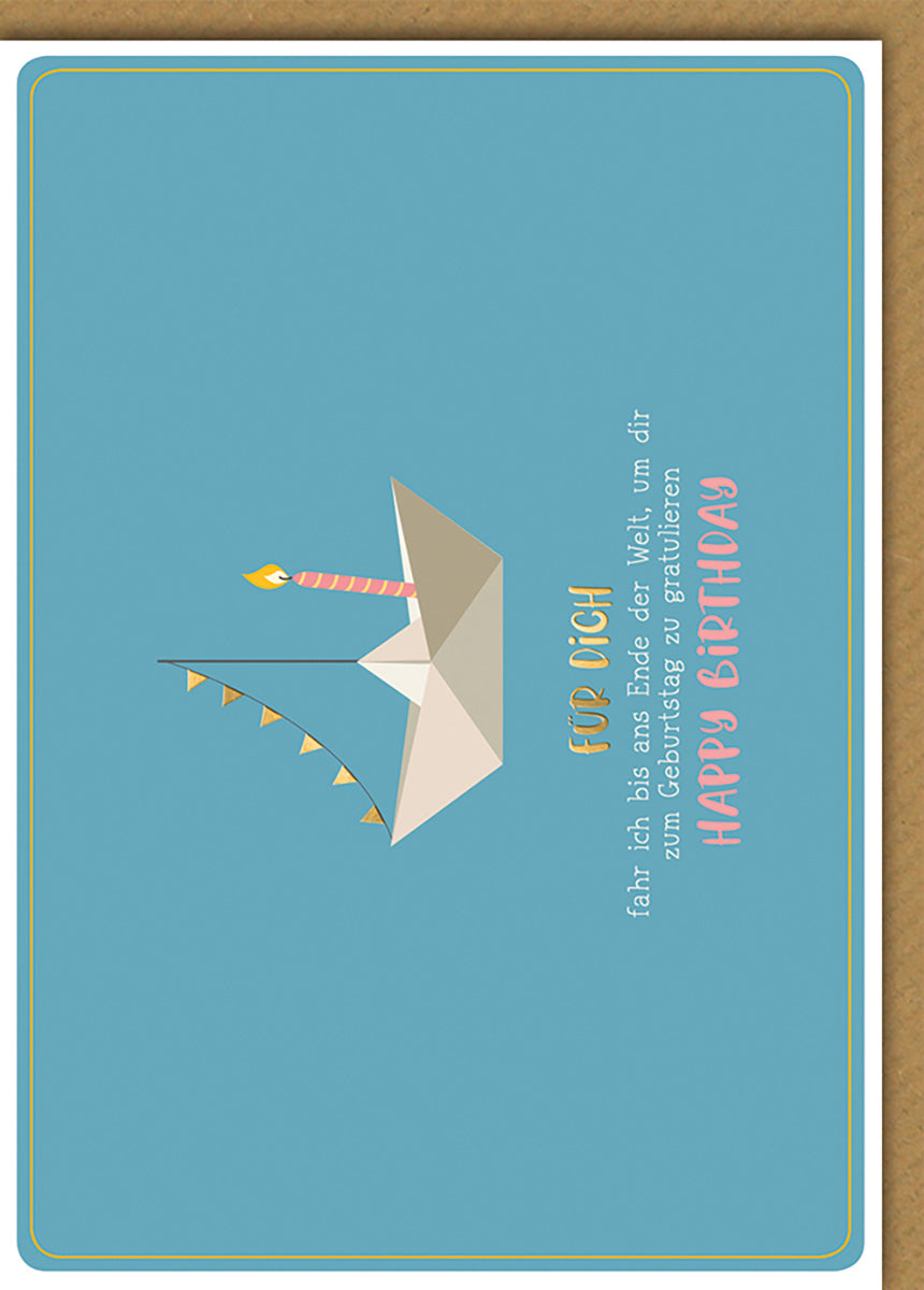 Geburtstagskarte mit Origami-Schiff, pastellblauem Hintergrund und Spruch für Abenteurer