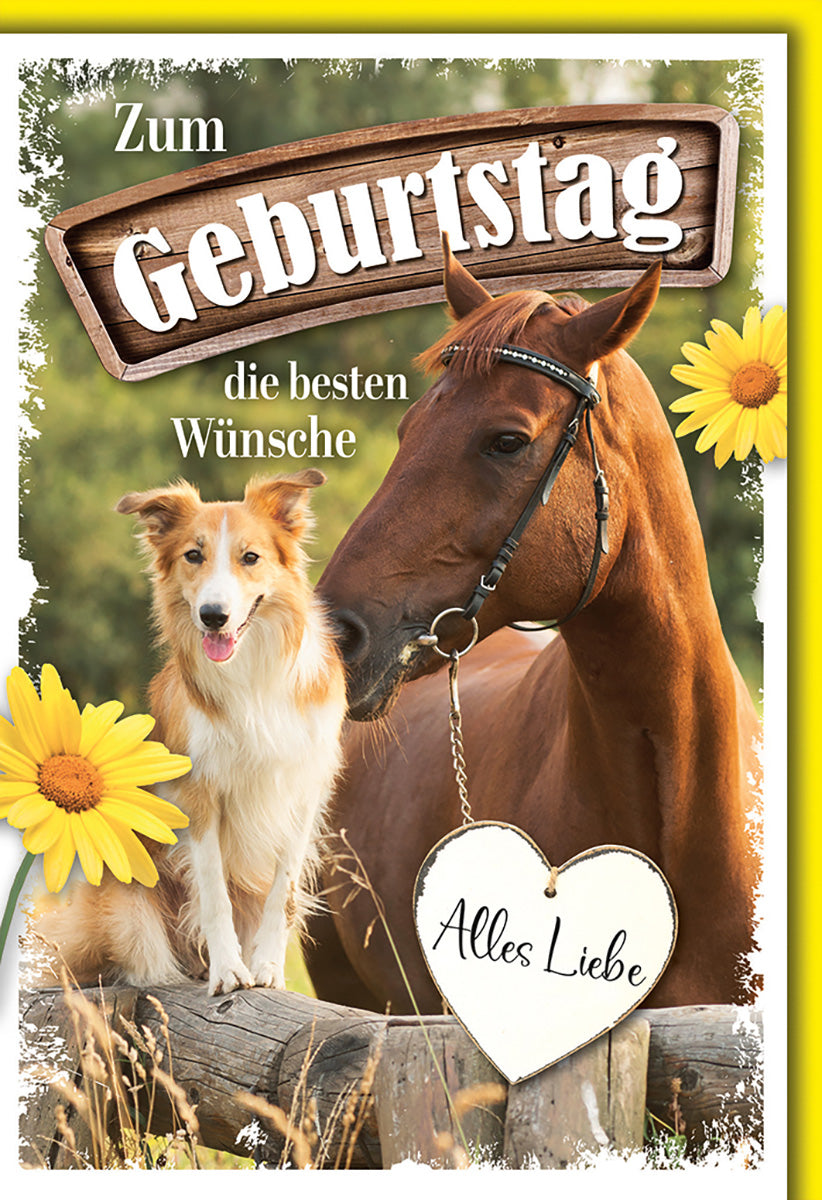 Geburtstagskarte mit Pferd und Hund – Fröhliches Tiermotiv, gelbe Blumen, herzliche Wünsche