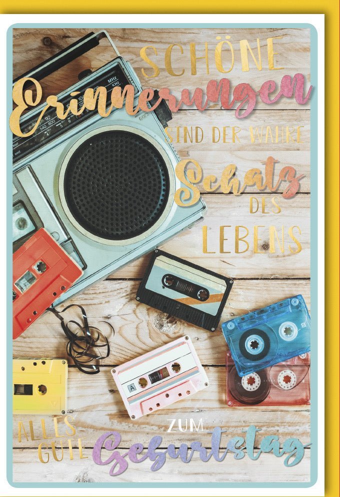 Geburtstagskarte mit Retro-Kassettenrecorder – Vintage Musik Nostalgie & Lebensweisheit, edle Folienprägung & Kuvert