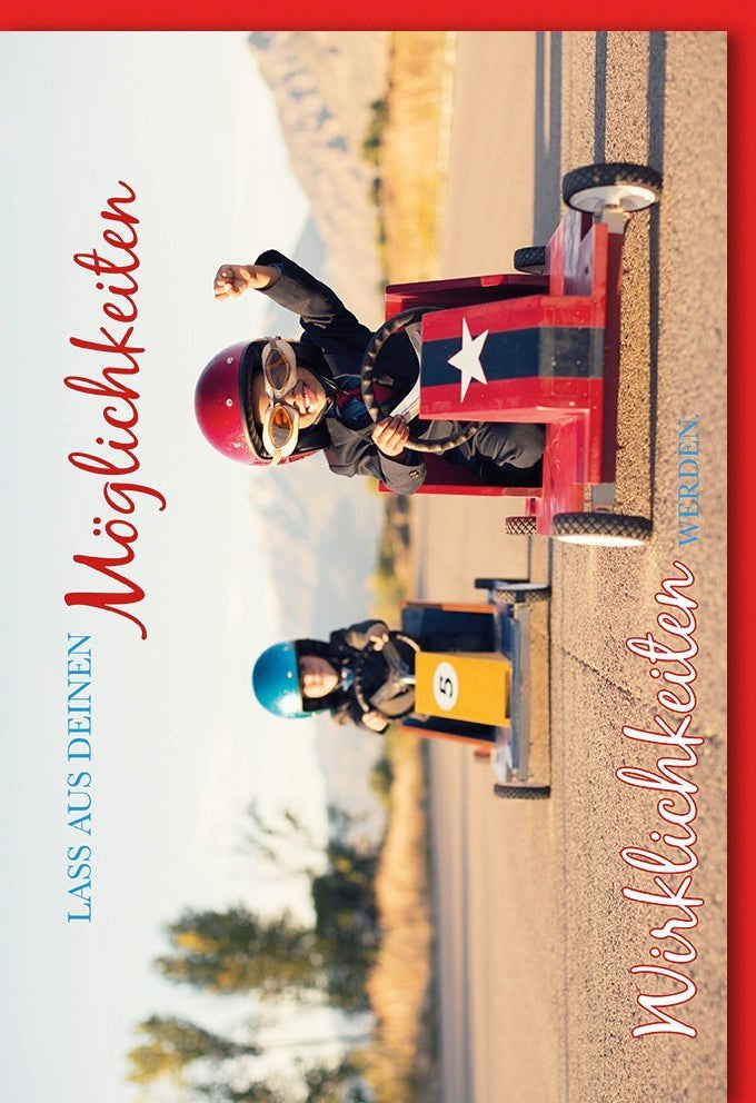 Grußkarte Seifenkisten-Design – Abenteuerliche Kinderkarte mit zwei Jungen & Emotionen. Mit farblich passendem Kuvert.