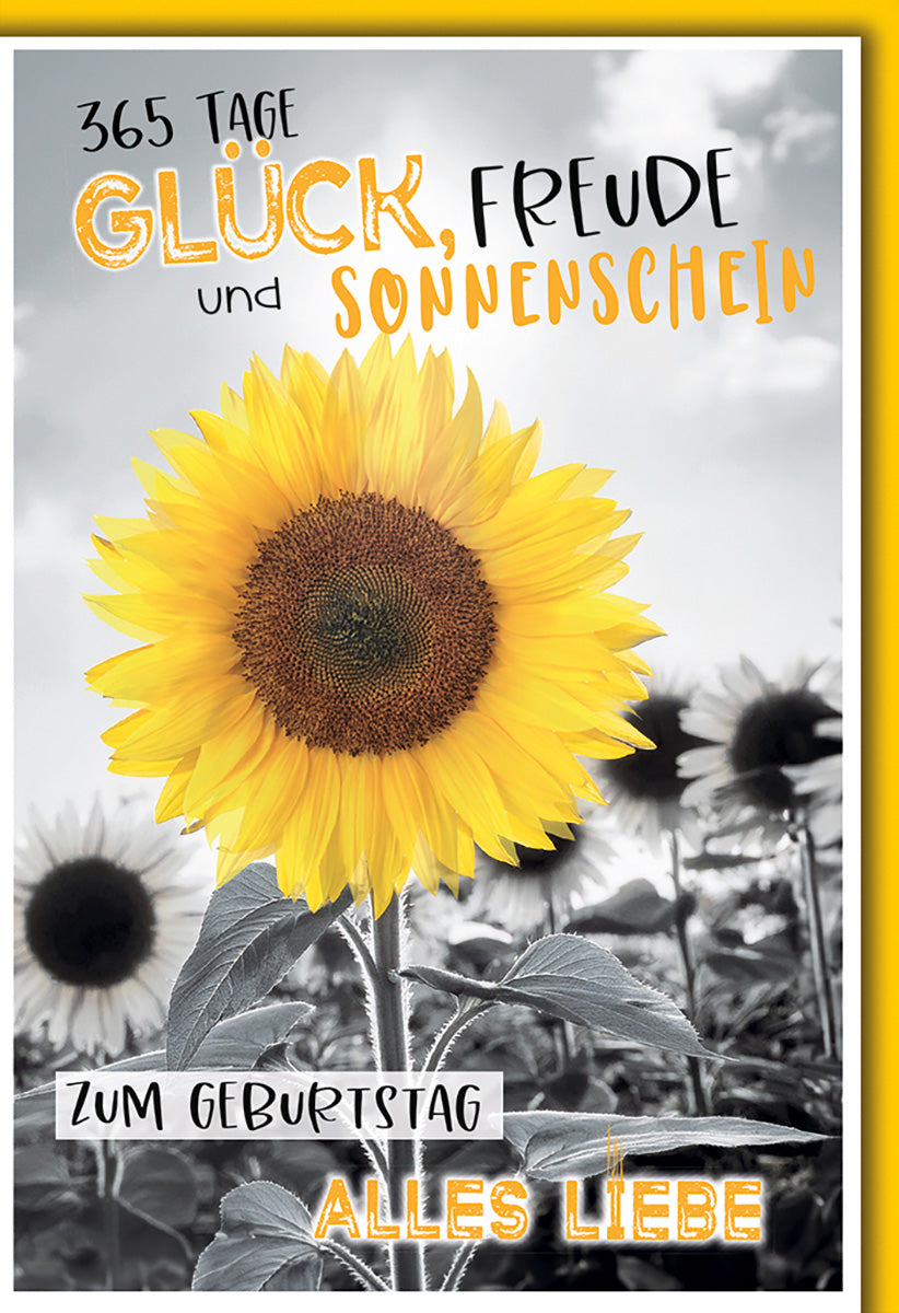 Geburtstagskarte mit Sonnenblumenmotiv – Bunte Schrift auf Schwarz-Weiß, Fröhliche Grüße für Freunde