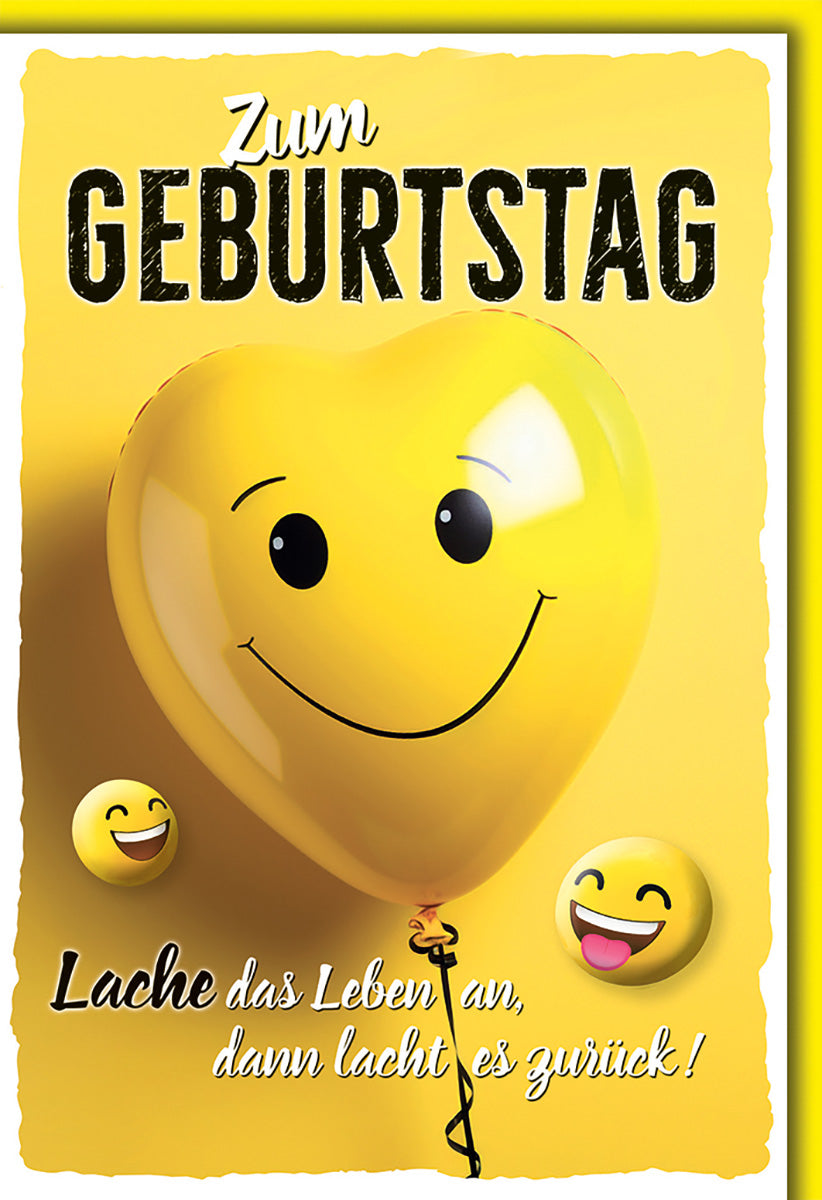 Geburtstagskarte mit Spruch: Fröhliches Herz-Ballon-Motiv in Gelb für humorvolle Geburtstagsgrüße