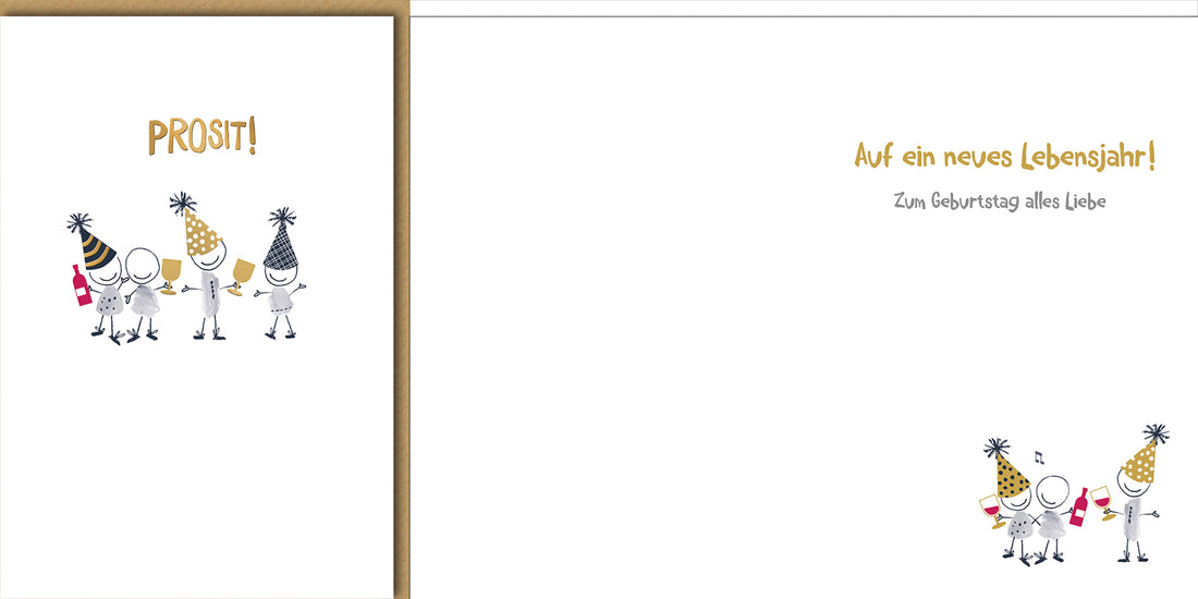 Geburtstagskarte mit Spruch: Lustige Partyhüte & Sektgläser, minimalistisches Design für Freunde
