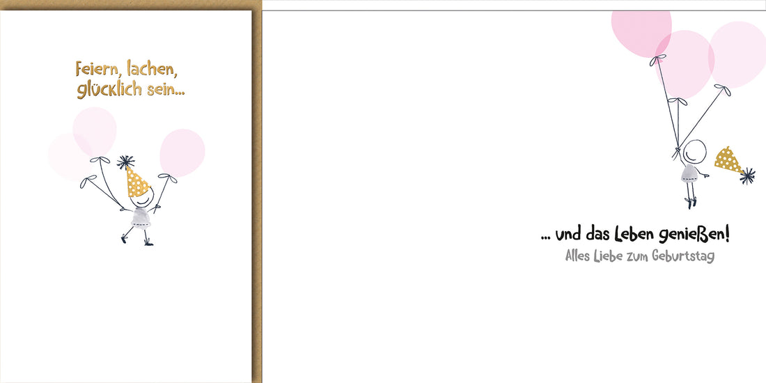 Geburtstagskarte mit Spruch: Verspieltes Mädchen mit Luftballons und Partyhut in Pastellfarben
