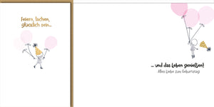 Geburtstagskarte mit Spruch: Verspieltes Mädchen mit Luftballons und Partyhut in Pastellfarben