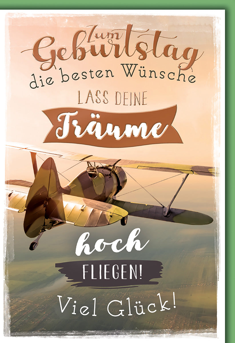 Geburtstagskarte mit Spruch: Vintage-Flugzeug, inspirierende Botschaft, warme Erdtöne für Abenteurer