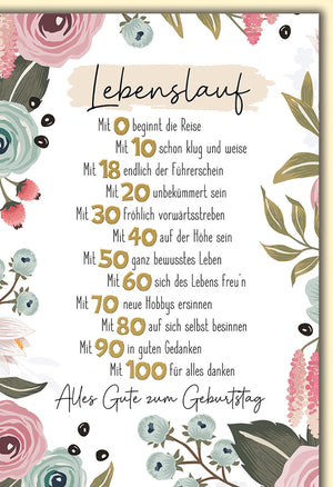 Geburtstagskarte mit Sprüchen – Blumendesign, Pastellfarben, humorvoller Lebenslauf für Erwachsene