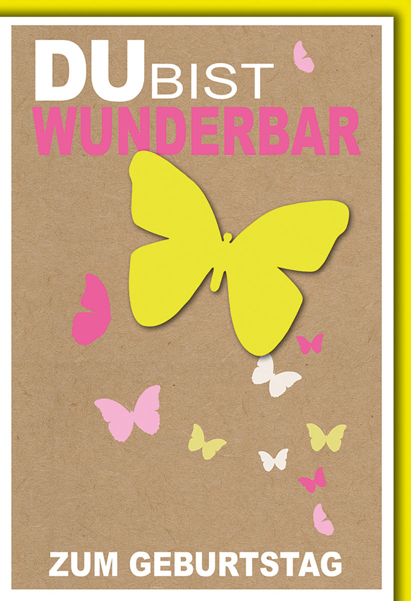 Geburtstagskarte mit Sprüchen: Bunte Schmetterlinge auf Kraftpapier – Fröhliche Botschaft für Sie