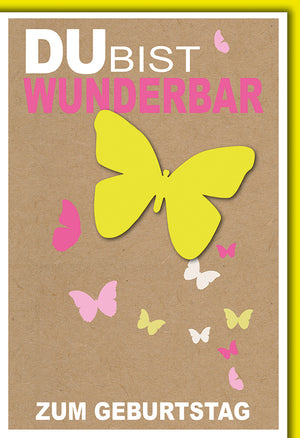 Geburtstagskarte mit Sprüchen: Bunte Schmetterlinge auf Kraftpapier – Fröhliche Botschaft für Sie