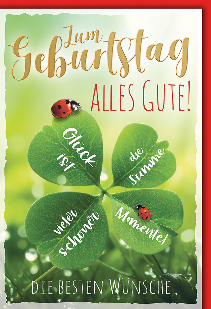 Geburtstagskarte mit Sprüchen: Glücksklee & Marienkäfer-Design, Grün-Rot, für Glücksmomente