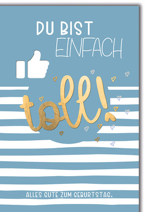 Geburtstagskarte mit Sprüchen: Modernes Design in Blau-Weiß mit Goldakzenten und Herzmotiven für Freunde