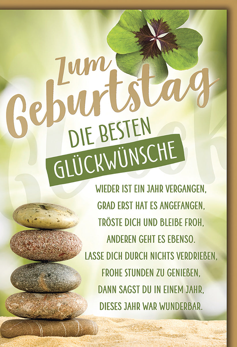 Geburtstagskarte mit Sprüchen – Naturmotiv, Steine & Kleeblatt, beruhigende Farben, für Entspannungsliebhaber