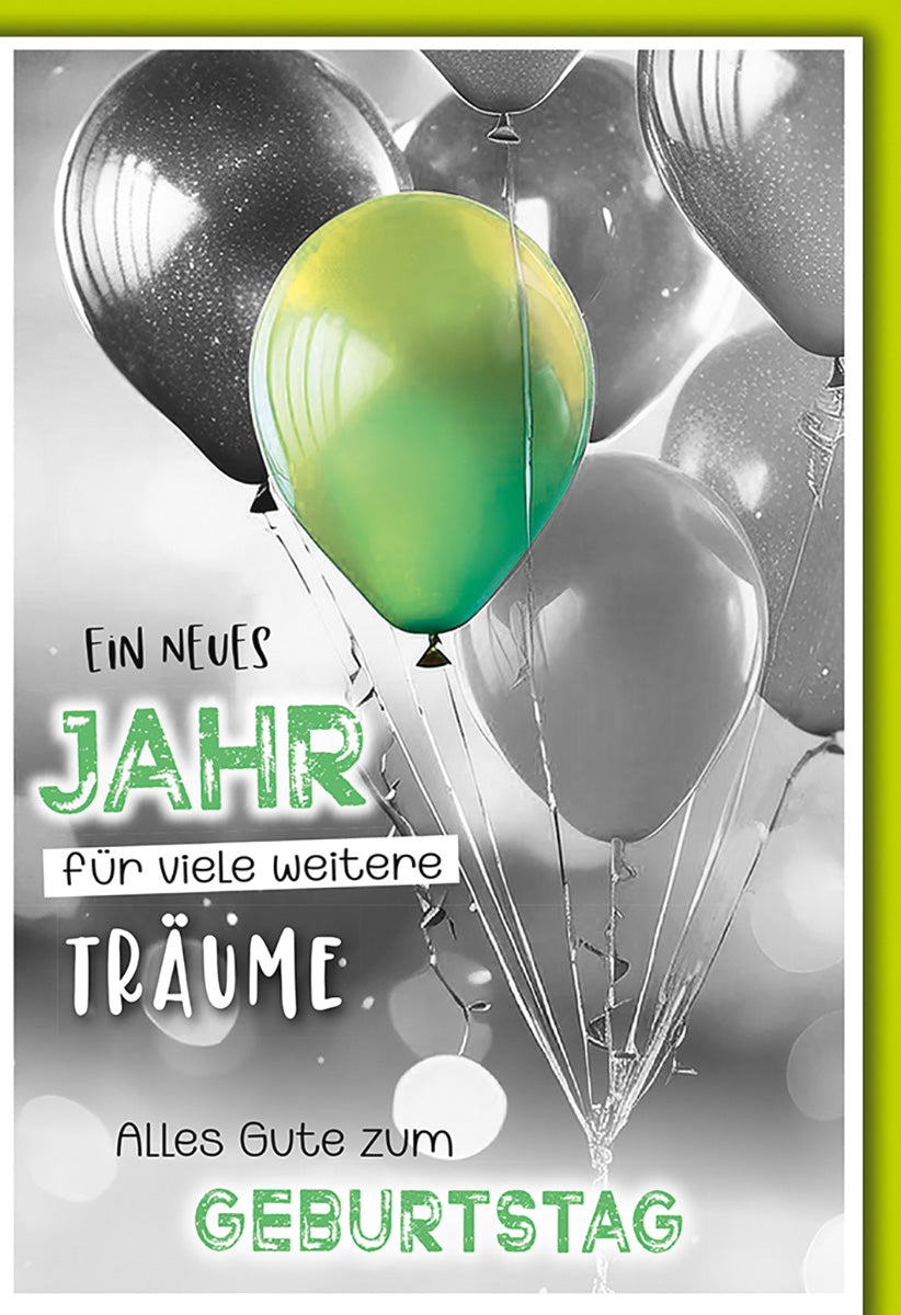 Geburtstagskarte mit Sprüchen: Stilvolle Ballons in Schwarz-Weiß und Grün für inspirierende Geburtstagswünsche