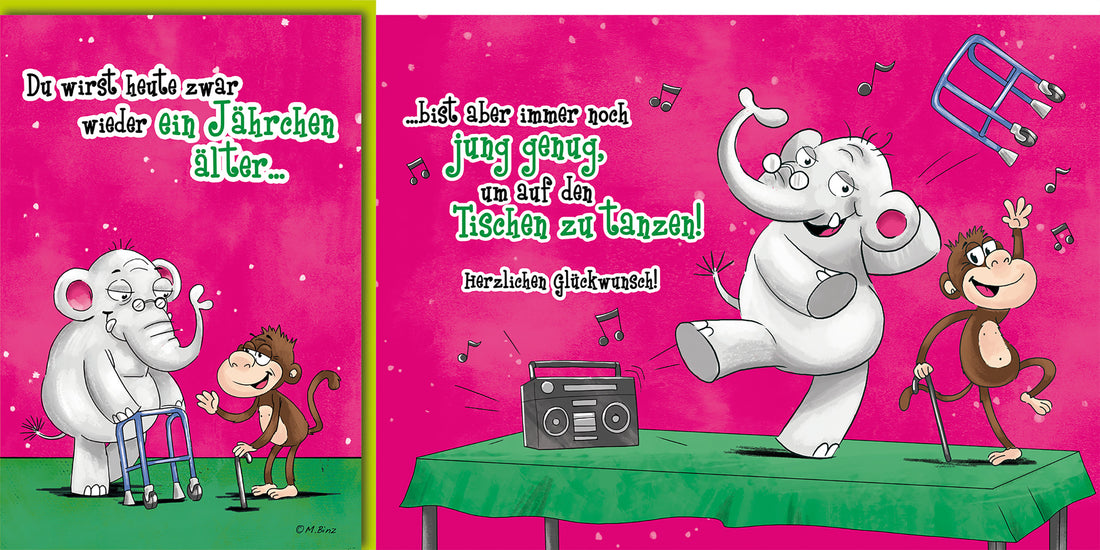 Geburtstagskarte mit tanzendem Elefanten und Affe, humorvoll, pinker Hintergrund, für Junggebliebene