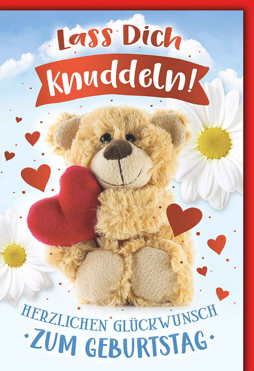 Geburtstagskarte mit Teddybär und Herzmotiv – Verspielte Tierkarte für Kinder mit Blumen und Herzen