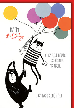 Geburtstagskarte mit Tieren: Lustige Katzen im Comic-Stil, bunte Luftballons, für Kinder und Tierliebhaber