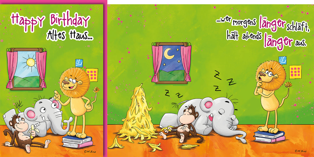 Geburtstagskarte mit Tieren: Lustiger Löwe, Affe & Elefant im Comic-Stil für humorvolle Geburtstagsgrüße