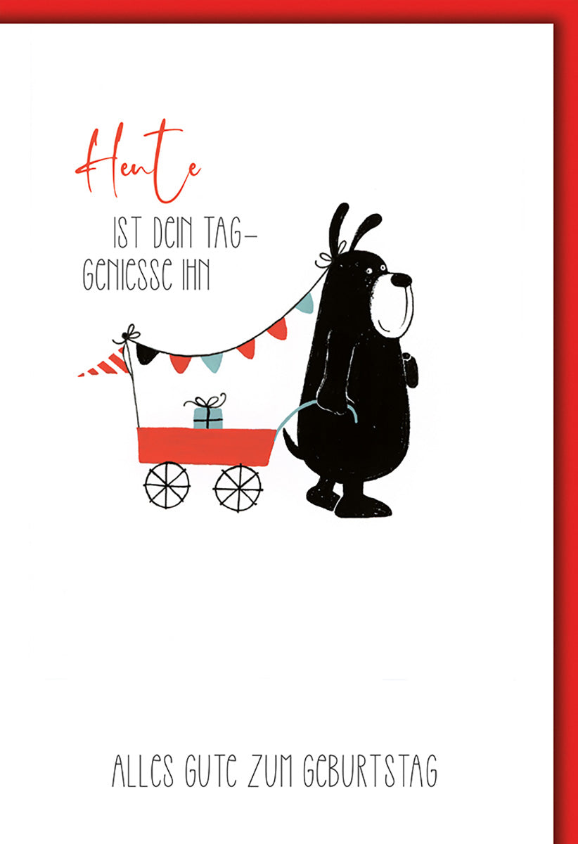 Geburtstagskarte mit Tiermotiv: Verspielter Bär mit rotem Wagen und fröhlichem Spruch für Kinder