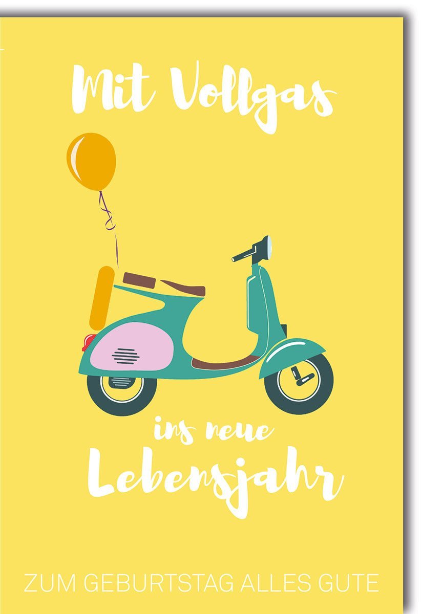 Geburtstagskarte: Mit Vollgas ins neue Lebensjahr – Modernes Roller & Ballons Design, Gelber Hintergrund, alles Gute