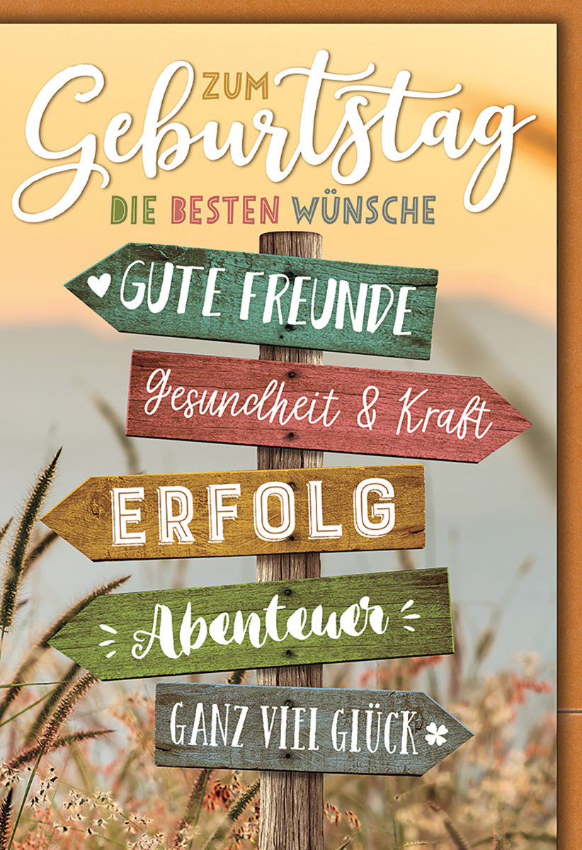 Geburtstagskarte mit Wegweiser-Motiv, rustikale Holzoptik, inspirierende Sprüche für Freunde