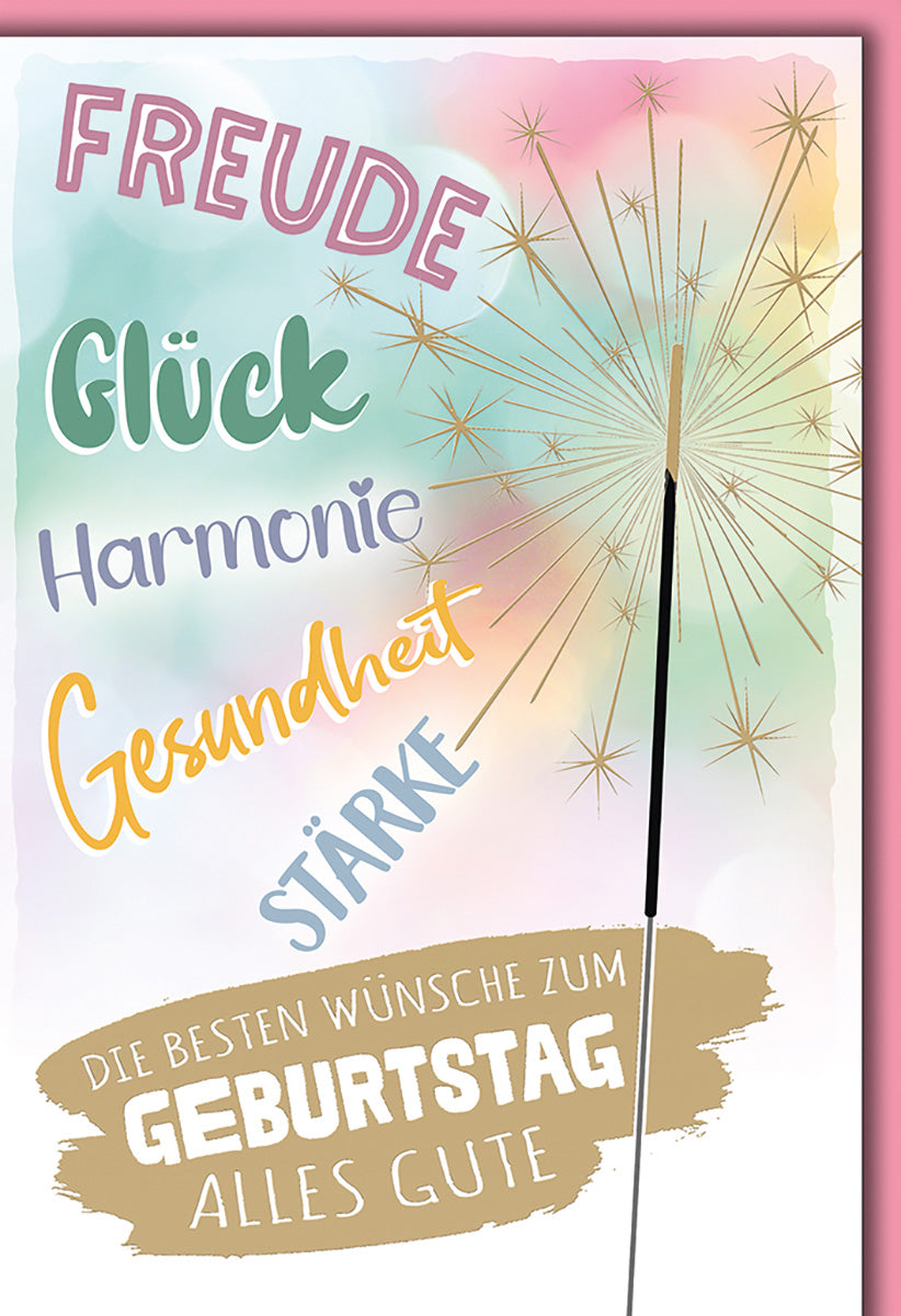Geburtstagskarte mit Wunderkerze: Bunte Aquarell-Optik, Wünsche für Freude, Glück und Gesundheit