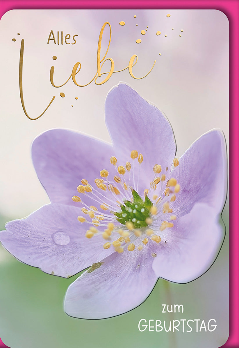 Geburtstagskarte mit zarter lila Blume und Goldschrift – Elegante Grüße für besondere Anlässe