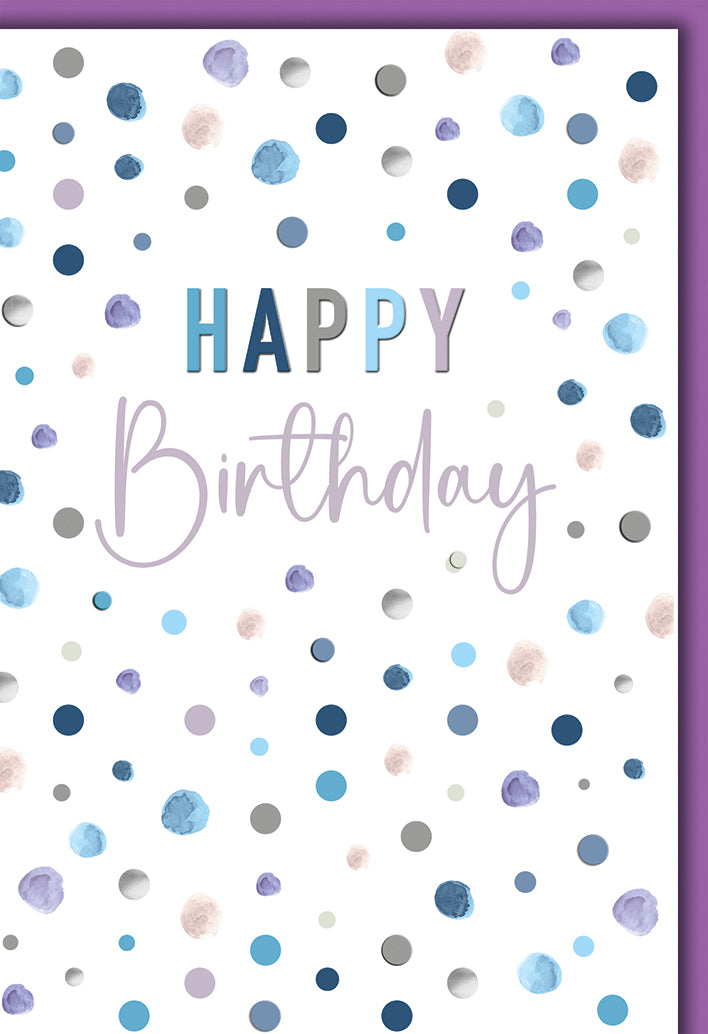 Geburtstagskarte Modern: Aquarell-Punkte in Blau und Lila mit Happy Birthday Schriftzug