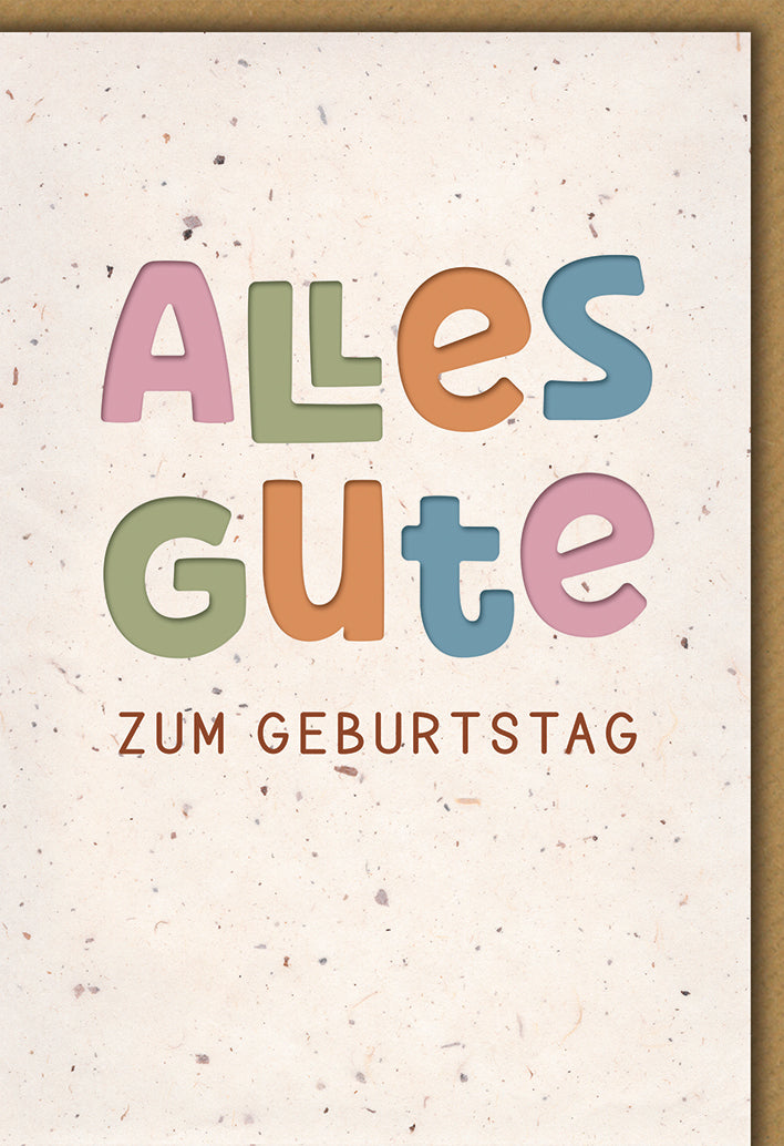 Geburtstagskarte Modern: Bunte 3D-Buchstaben "Alles Gute" auf Samenpapier-Optik