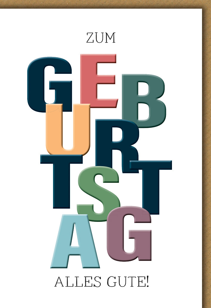 Geburtstagskarte Modern: Bunte 3D-Typografie "ZUM GEBURTSTAG" in kräftigen Farben