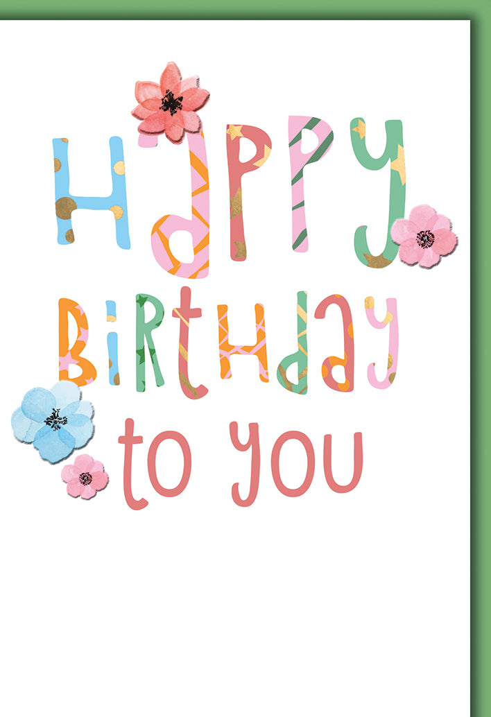 Geburtstagskarte Modern: Bunte Collage-Typografie mit zarten Aquarell-Blüten