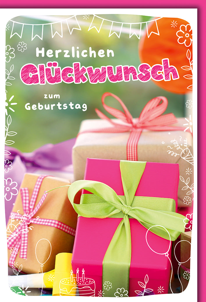 Geburtstagskarte Modern: Bunte Geschenkboxen mit Schleifen in Pink und Grün