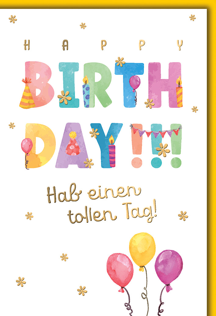 Geburtstagskarte Modern: Bunte HAPPY BIRTHDAY Buchstaben mit Ballons und Party-Elementen