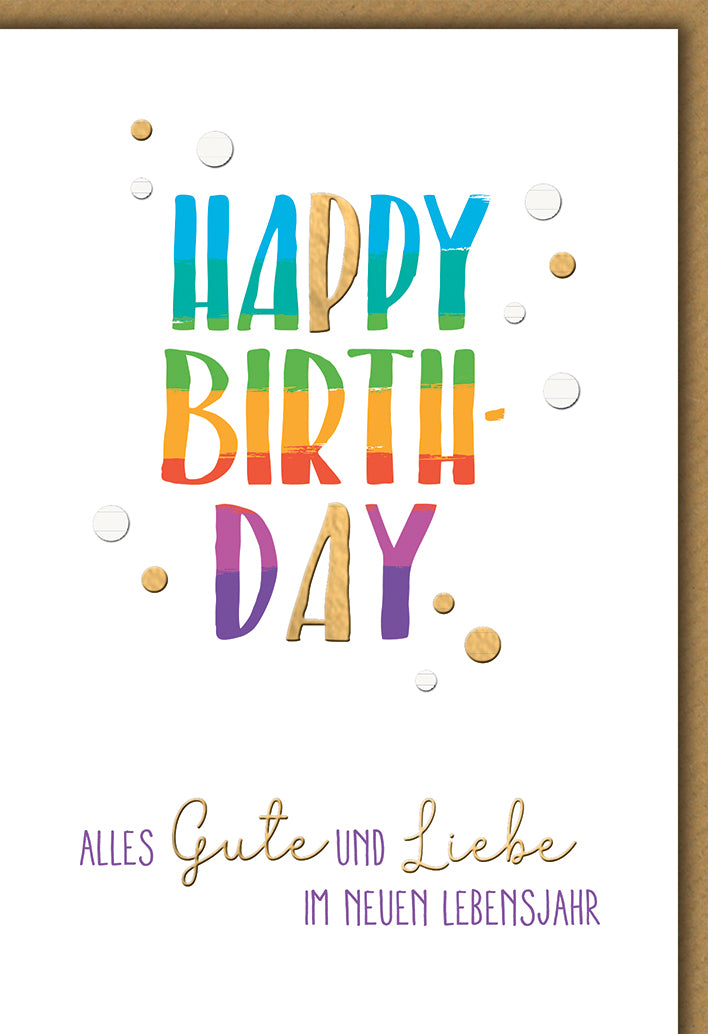 Geburtstagskarte Modern: Bunte HAPPY BIRTHDAY Typografie mit Konfetti-Dots