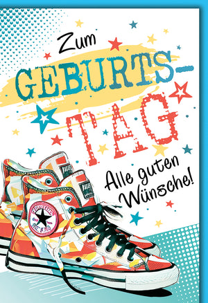 Geburtstagskarte Modern: Bunte Sneaker mit Sternen und Geburtstag-Schriftzug