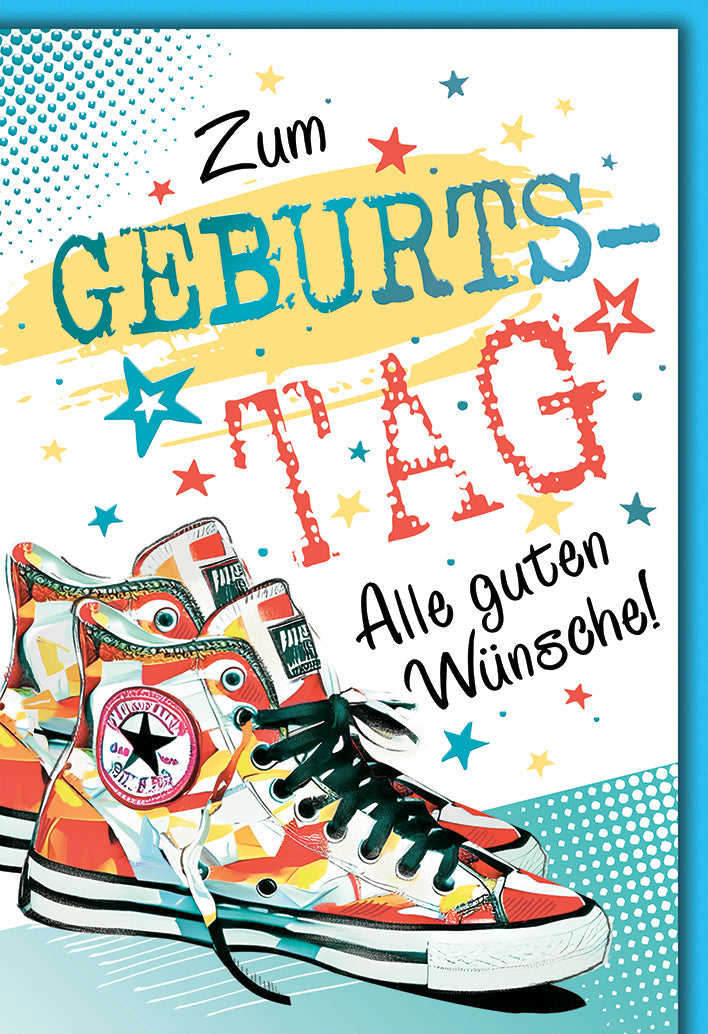 Geburtstagskarte Modern: Bunte Sneaker mit Sternen und Geburtstag-Schriftzug