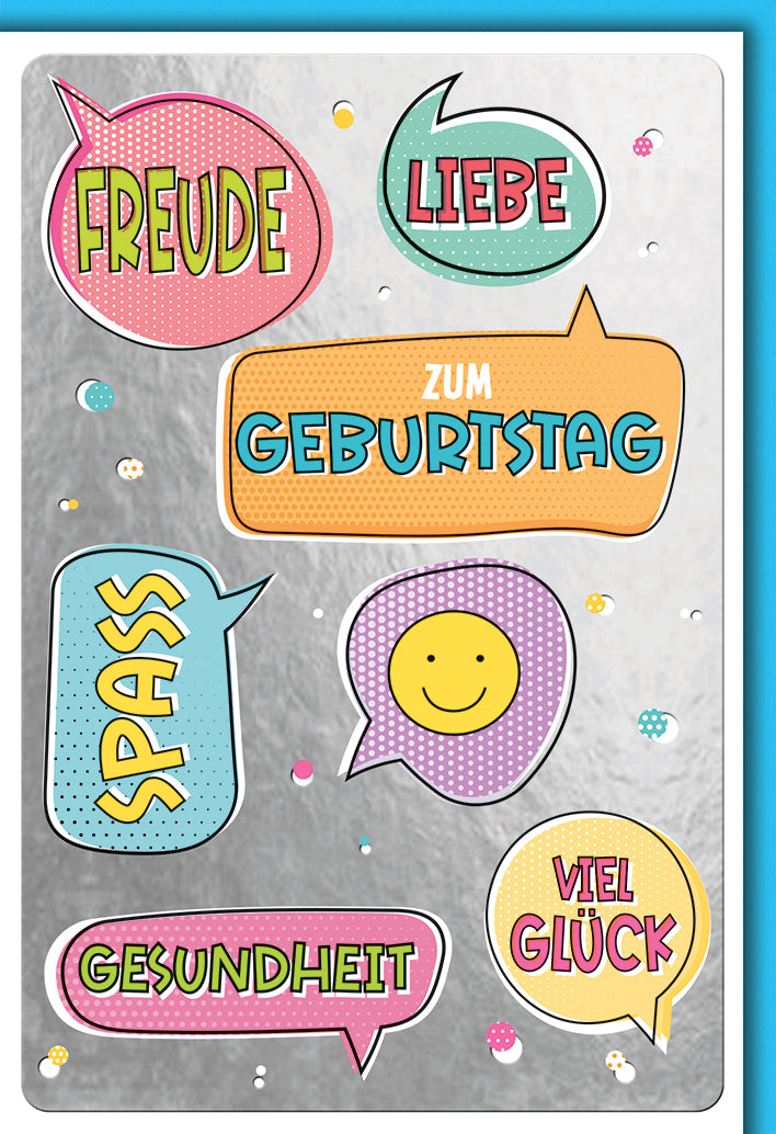 Geburtstagskarte Modern: Bunte Sprechblasen mit Glückwünschen im Comic-Stil