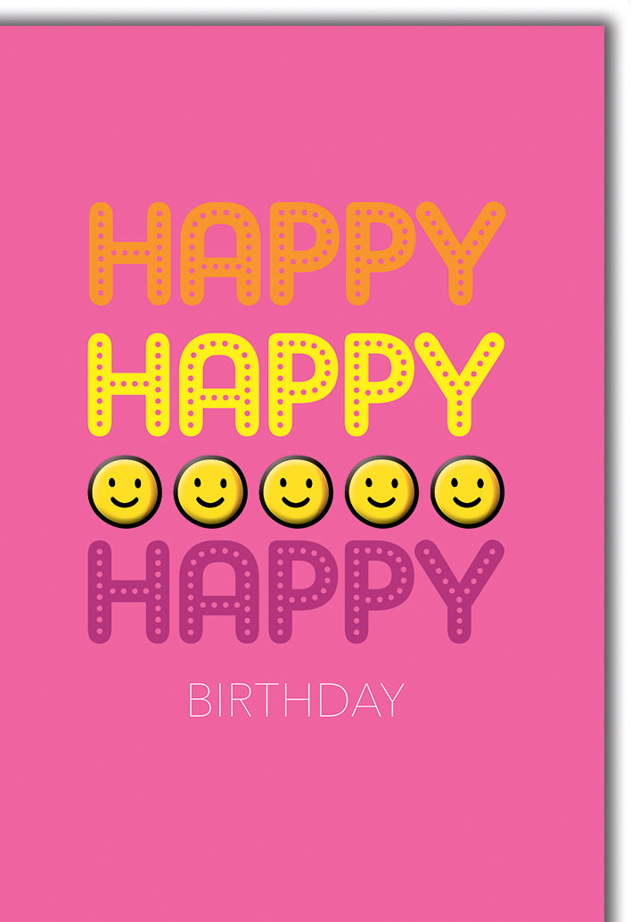 Geburtstagskarte Modern: Dreifaches HAPPY mit gelben Smileys auf pinkem Hintergrund