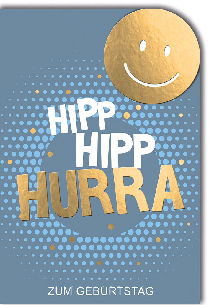 Geburtstagskarte Modern: Goldener Smiley mit Konfetti-Design und "Hipp Hipp Hurra"