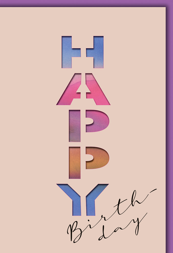 Geburtstagskarte Modern: HAPPY Birthday in Ausschnitt-Technik, Pink-Blau Farbverlauf